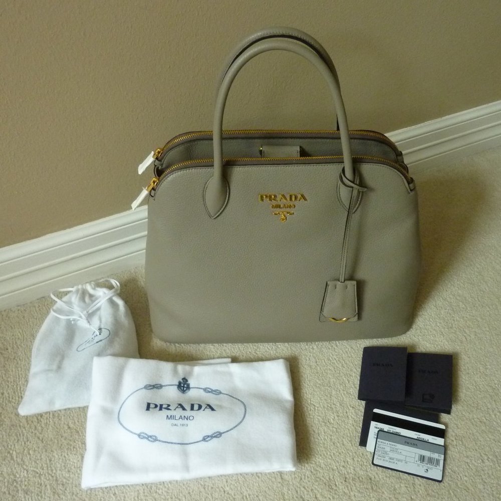 PRADA Leather Daino Logo Shoulder Bag 1BA265, Gray